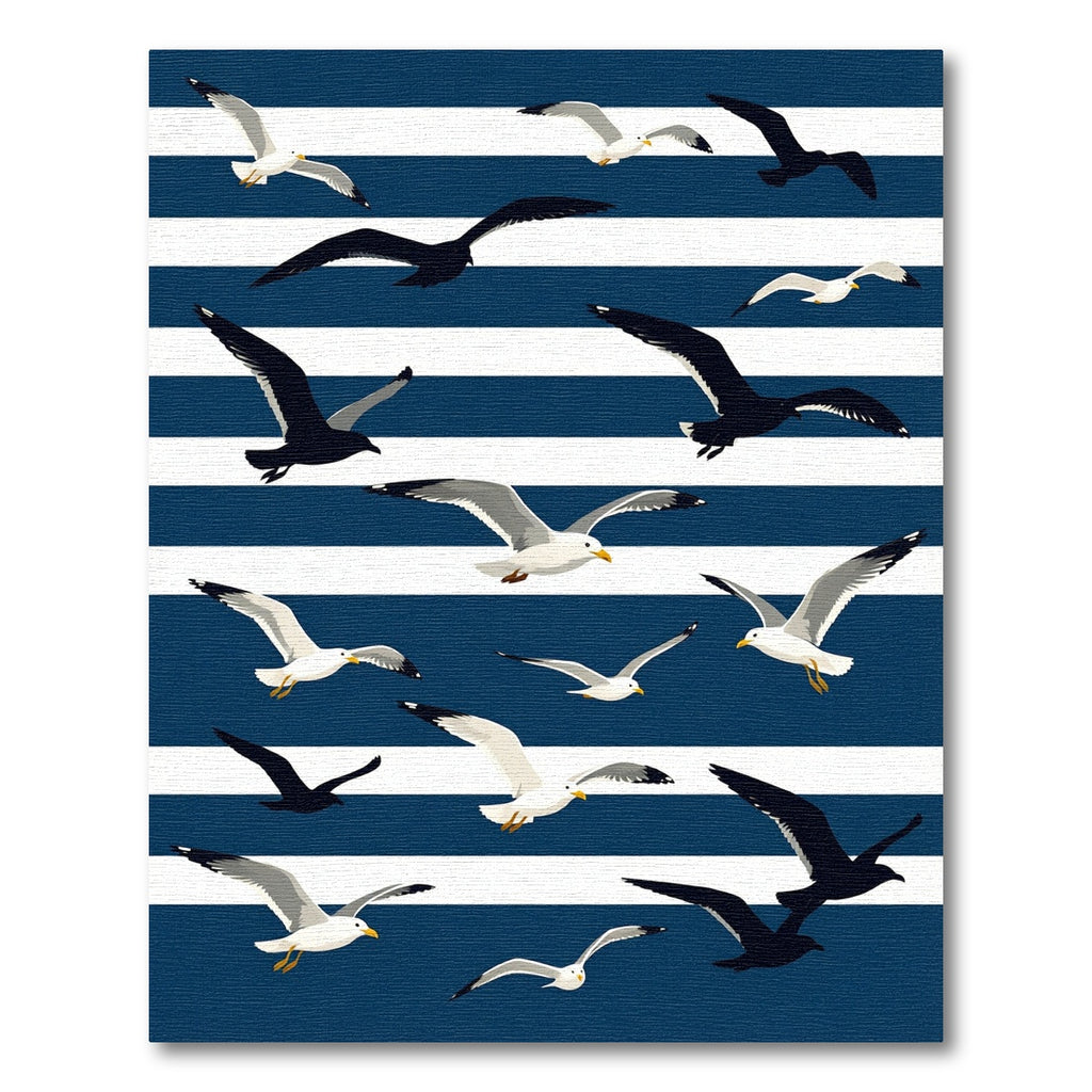 Navy Coastal Seagull Stripe Illustration Rug