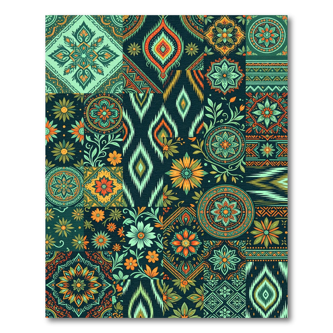 Teal Orange Floral Patchwork Square Rug