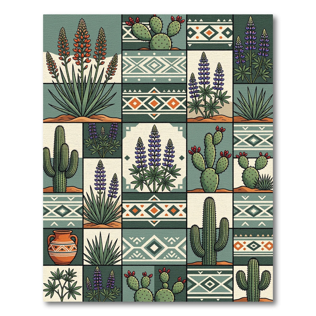 Earthy Southwestern Cactus and Lupine Grid Rug