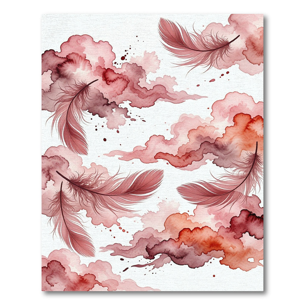 Ethereal Crimson Feather Watercolor Clouds Rug