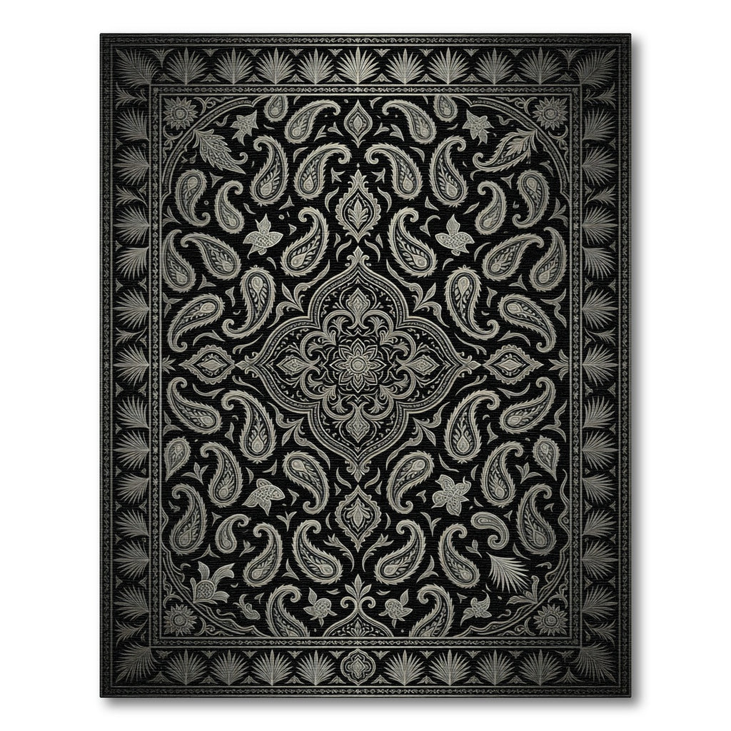 Sophisticated Black and Silver Paisley Medallion Rug