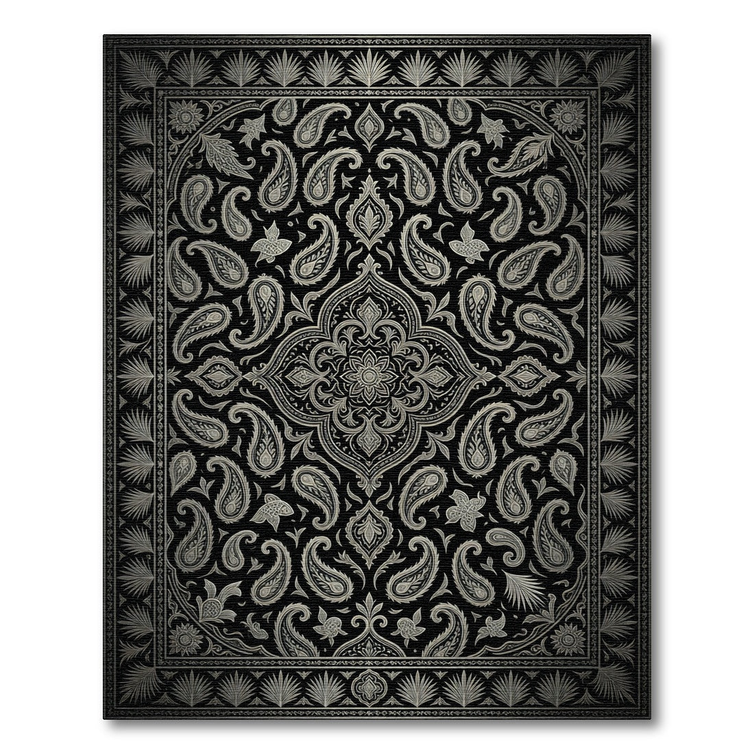 Sophisticated Black and Silver Paisley Medallion Rug
