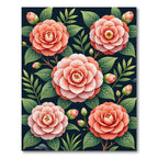 Coral Camellia Floral Dark Botanical Rug