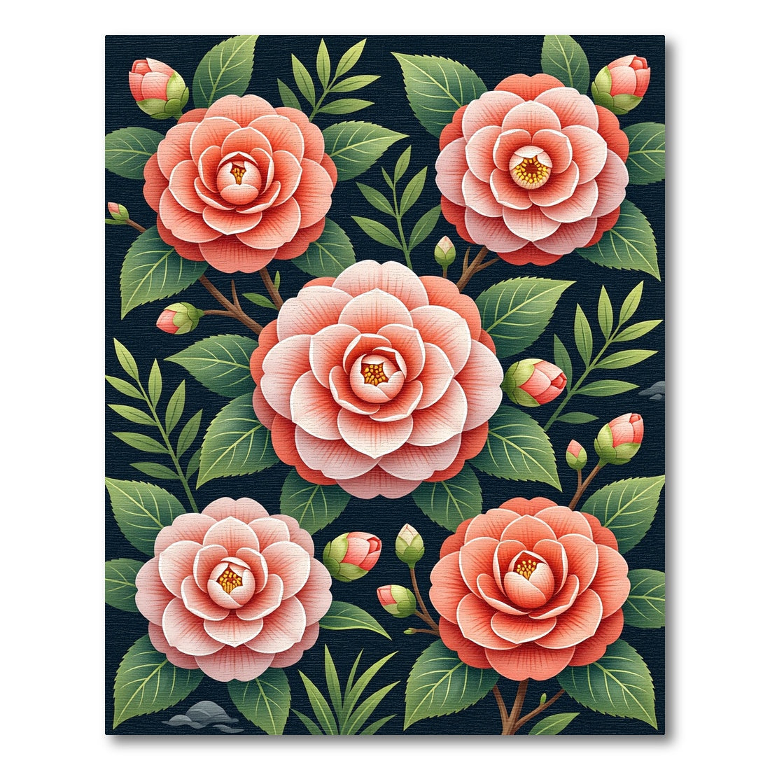 Coral Camellia Floral Dark Botanical Rug