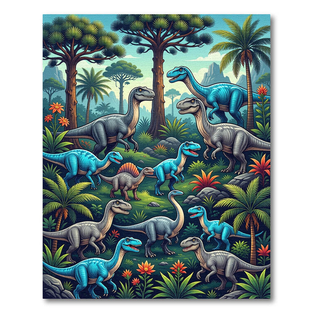 Vibrant Blue Dinosaur Jungle Landscape Rug