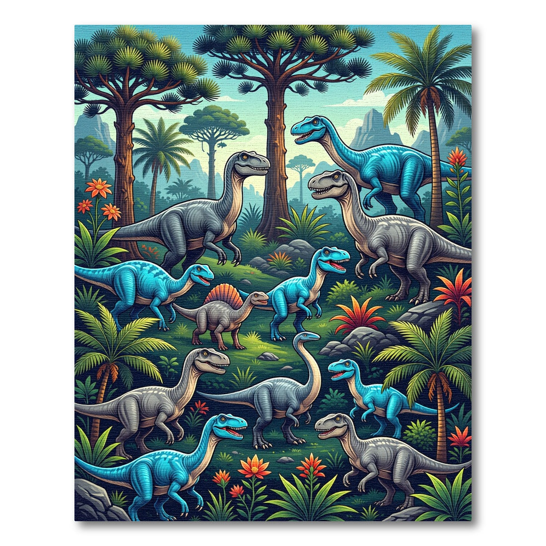 Vibrant Blue Dinosaur Jungle Landscape Rug