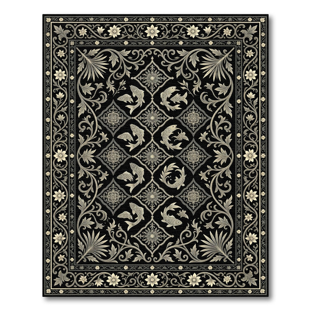 Black Golden Fish Floral Scrollwork Rug