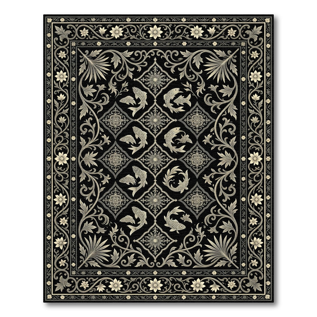 Black Golden Fish Floral Scrollwork Rug