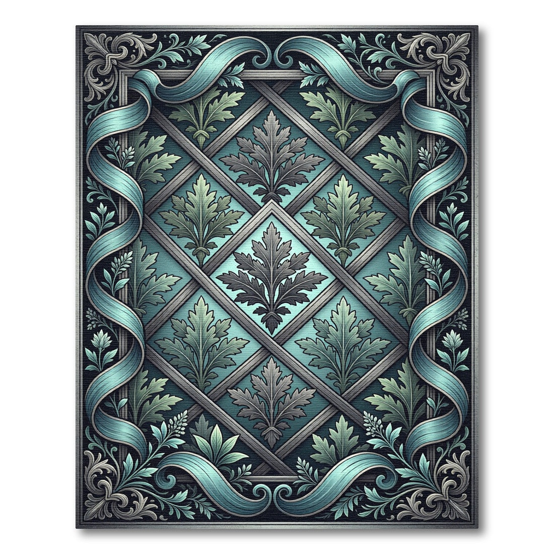Teal Ascending Leaf Diamond Lattice Rug