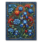 Vibrant Blue Iris Tulip Floral Border Rug