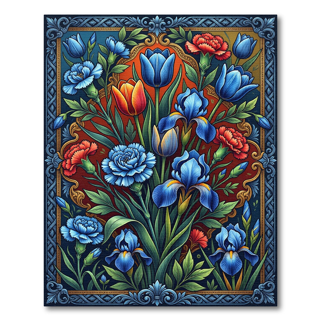 Vibrant Blue Iris Tulip Floral Border Rug
