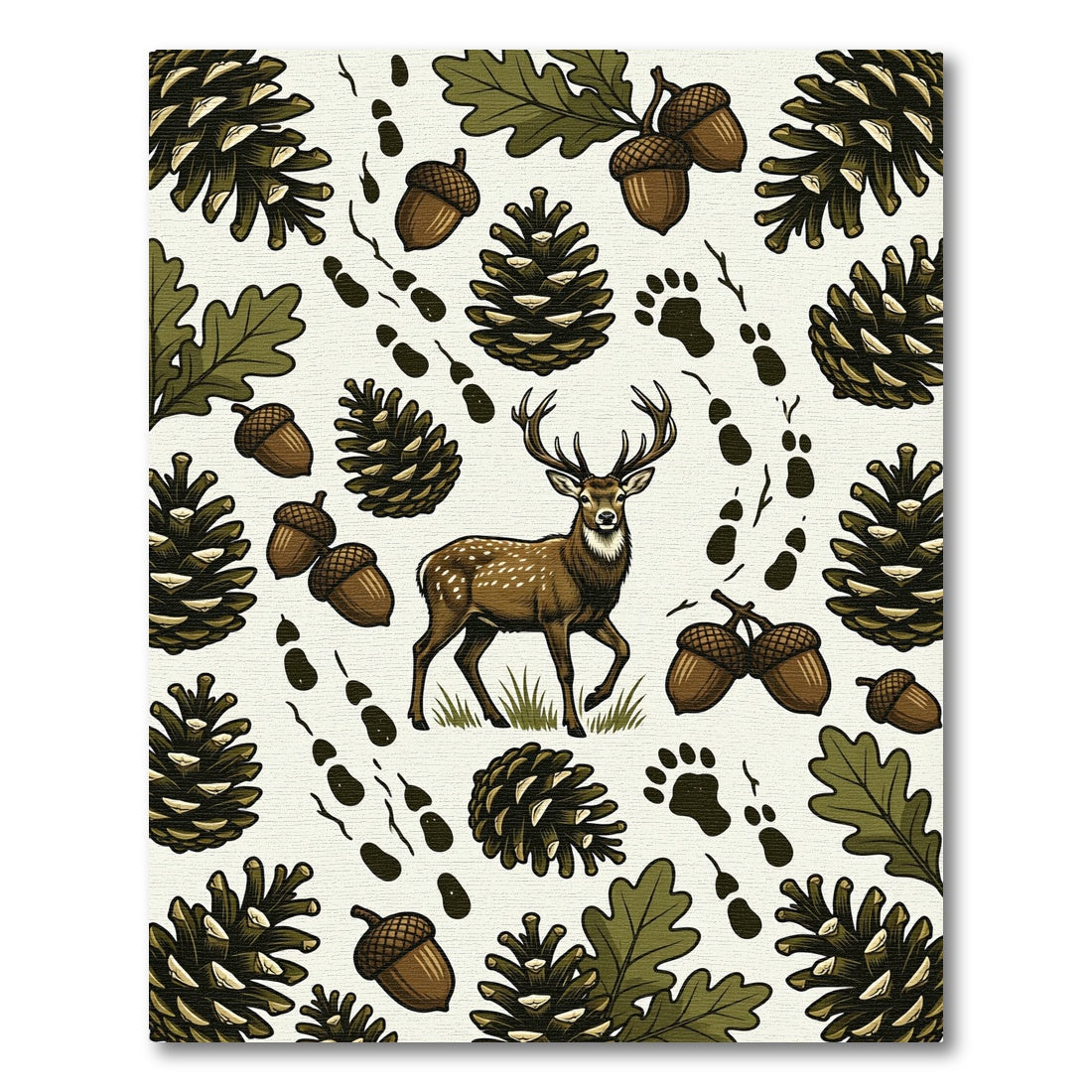 Rustic Woodland Deer Pinecone Oak Artwork Rug