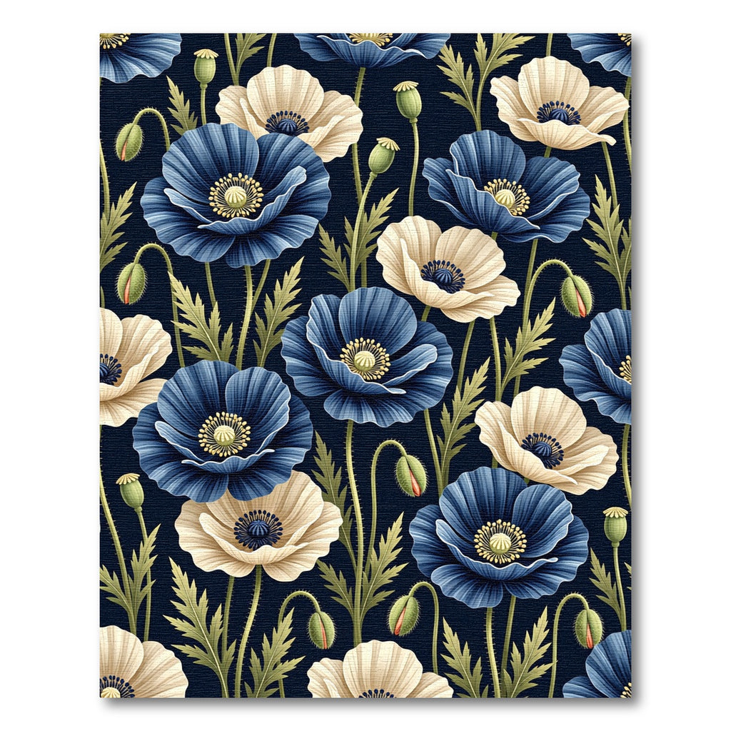 Blue and Cream Botanical Poppy Garden Rug