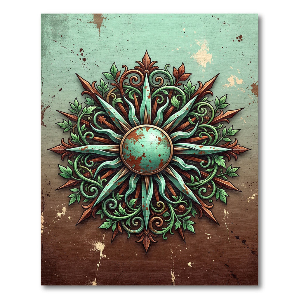 Ornate Copper Teal Sunburst Medallion Rug