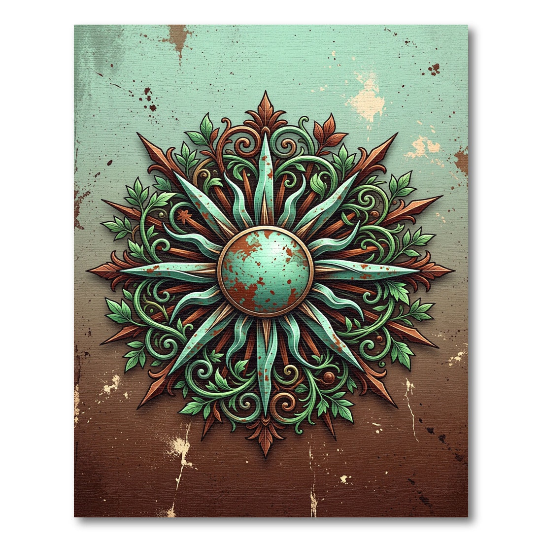 Ornate Copper Teal Sunburst Medallion Rug