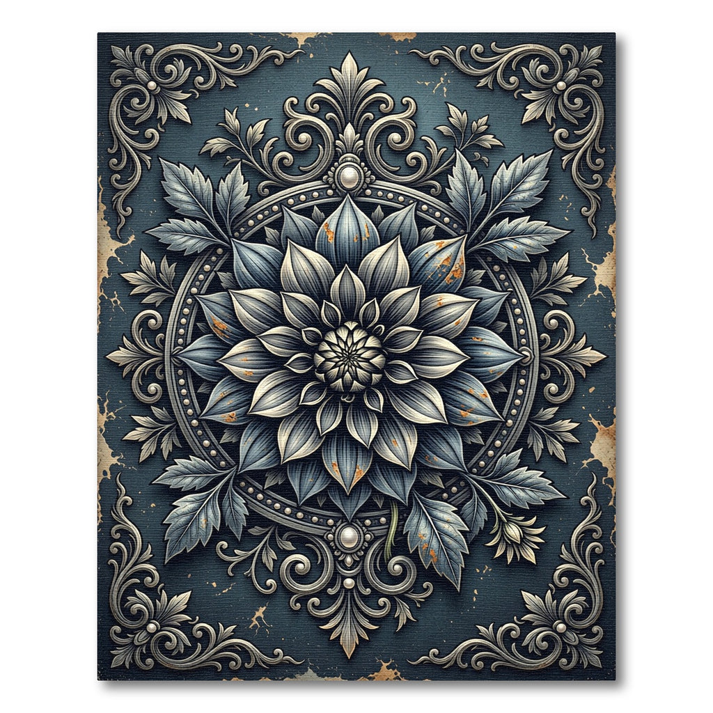Antique Slate Silver Floral Medallion Rug