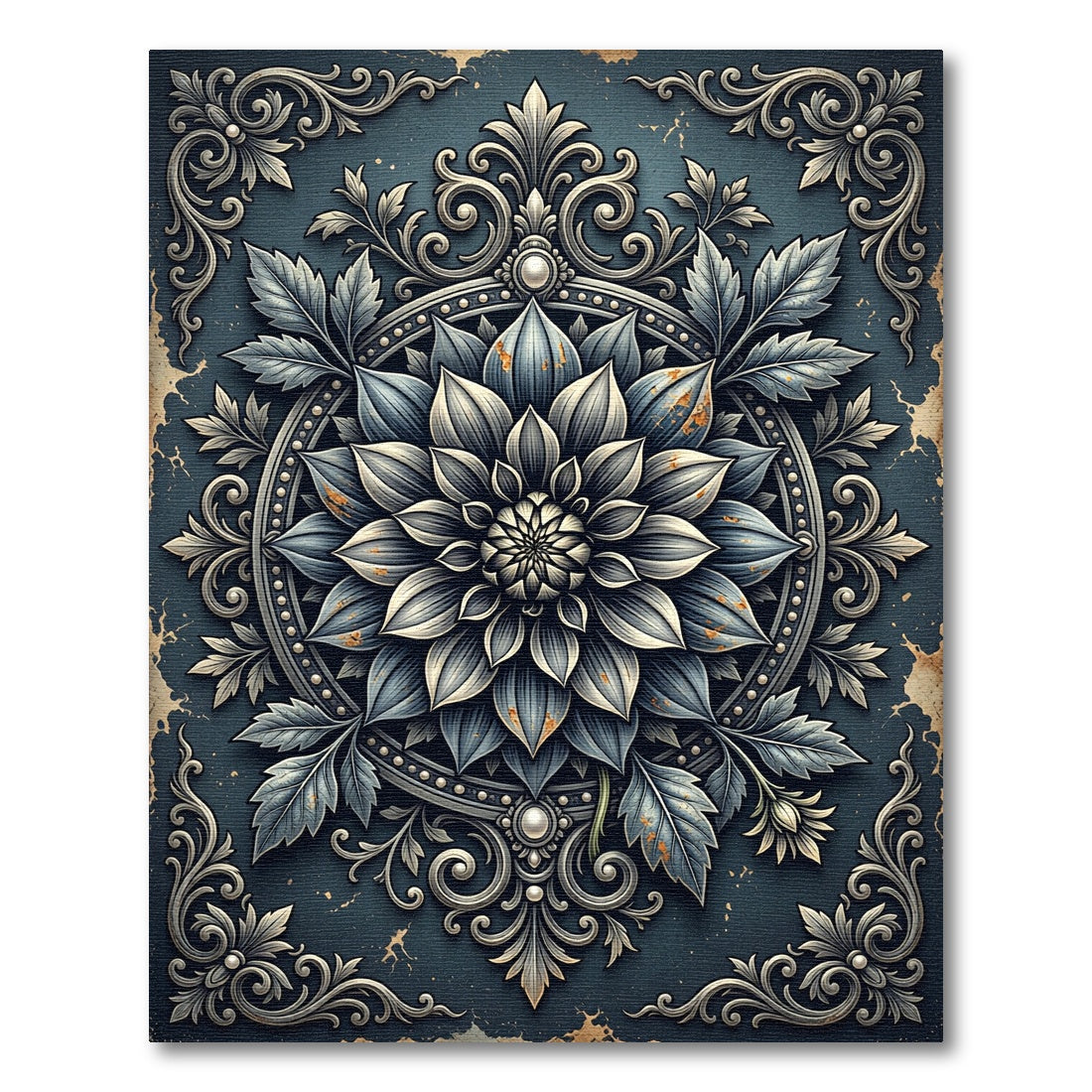 Antique Slate Silver Floral Medallion Rug