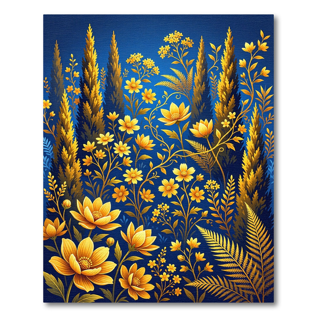Golden Floral Meadow on Deep Blue Rug