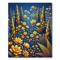 Golden Floral Meadow on Deep Blue Rug