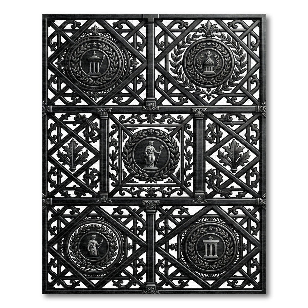 Ornate Black Classical Medallion Wreath Rug