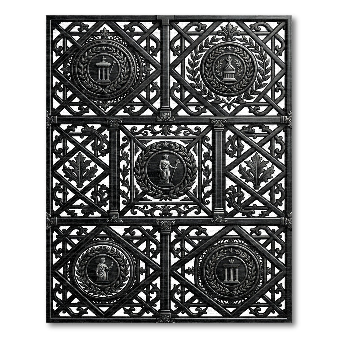 Ornate Black Classical Medallion Wreath Rug