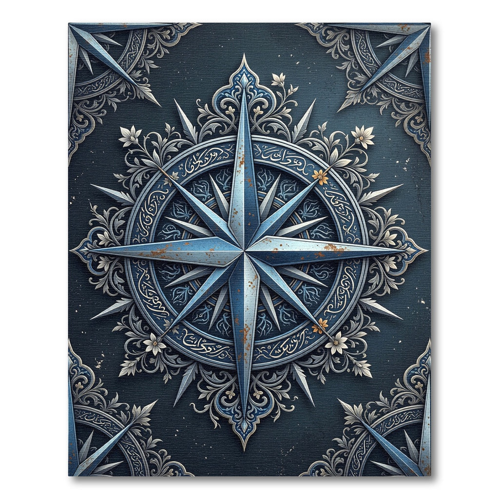 Ornate Steel Blue Celestial Compass Rug