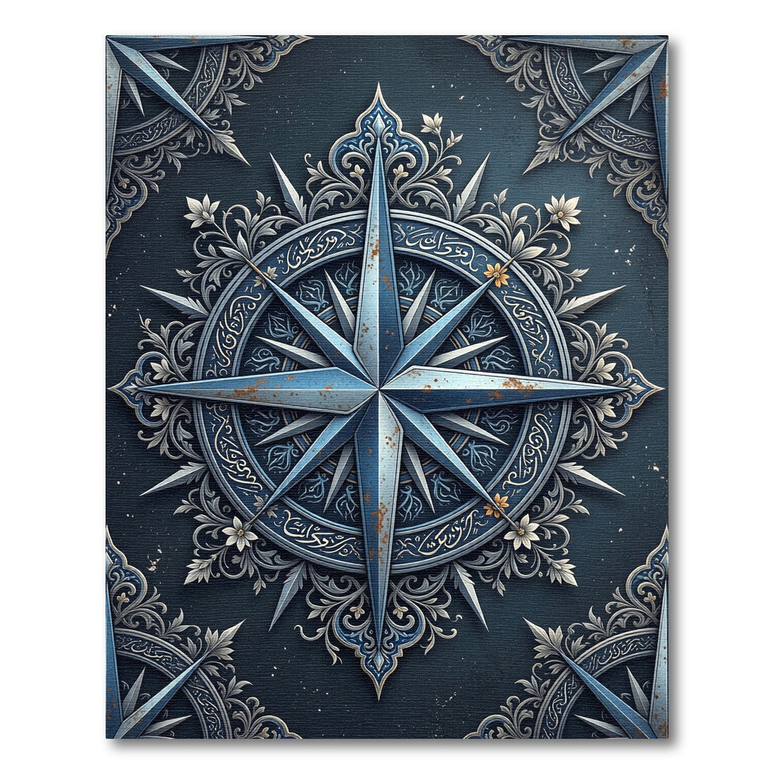 Ornate Steel Blue Celestial Compass Rug