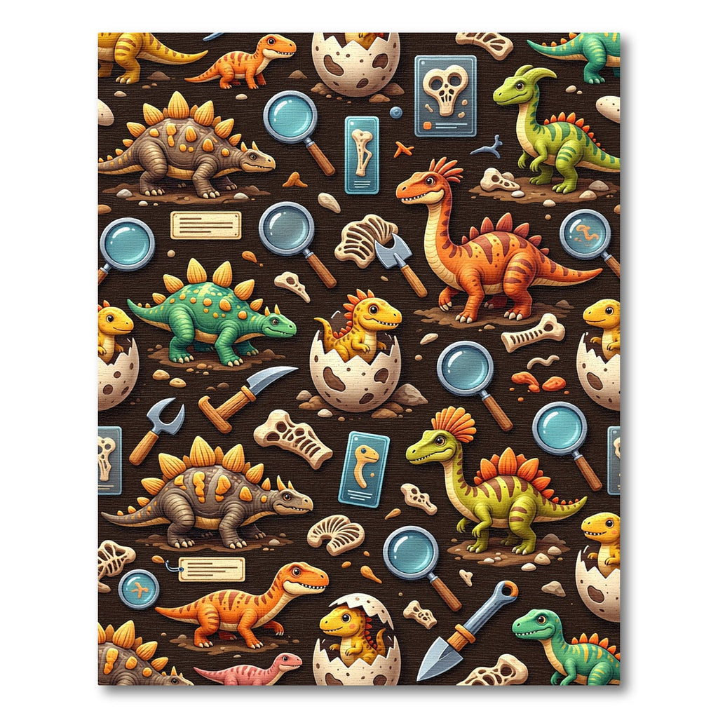 Playful Dinosaur Paleontology Illustration on Brown Rug
