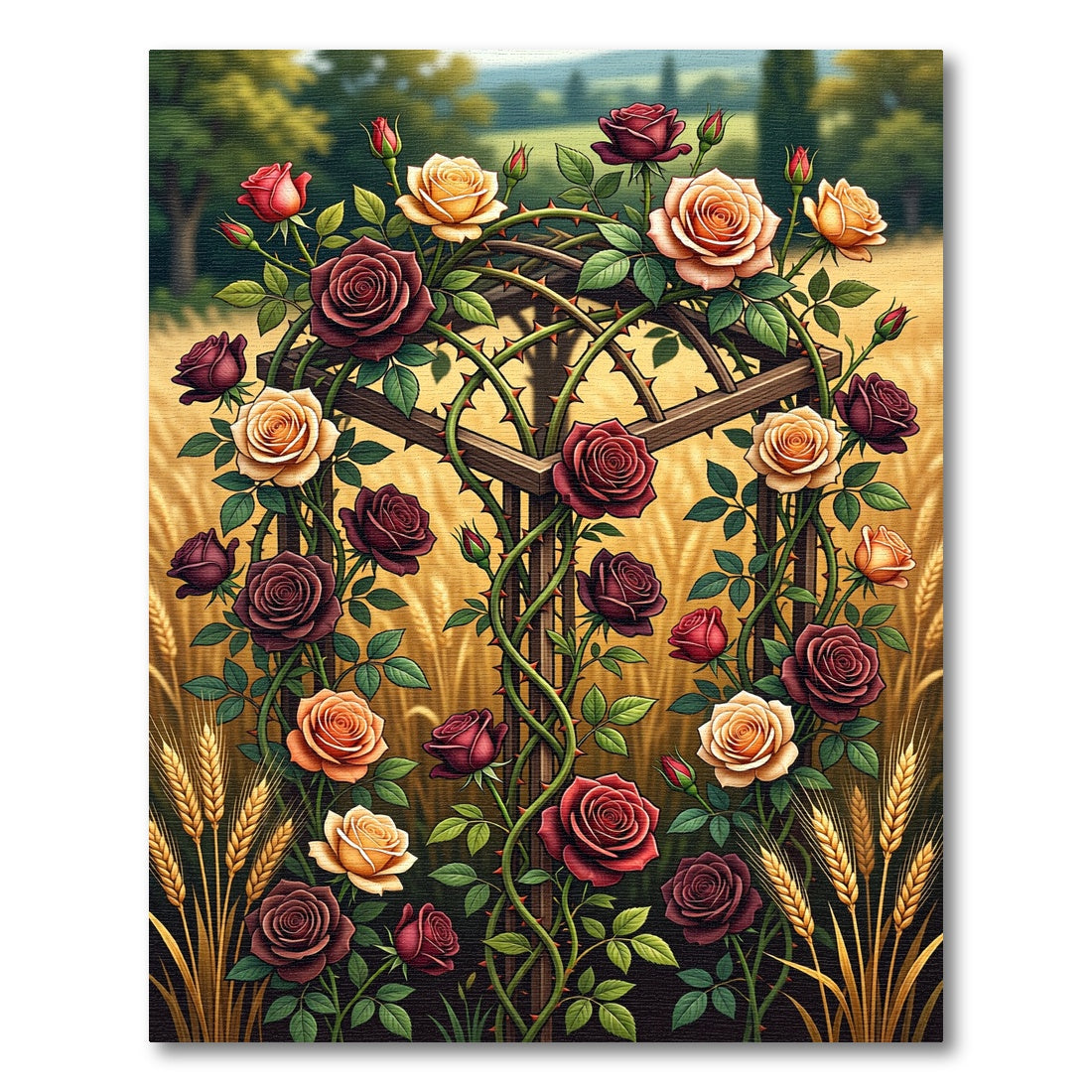 Golden Wheat and Crimson Rose Arbor Rug