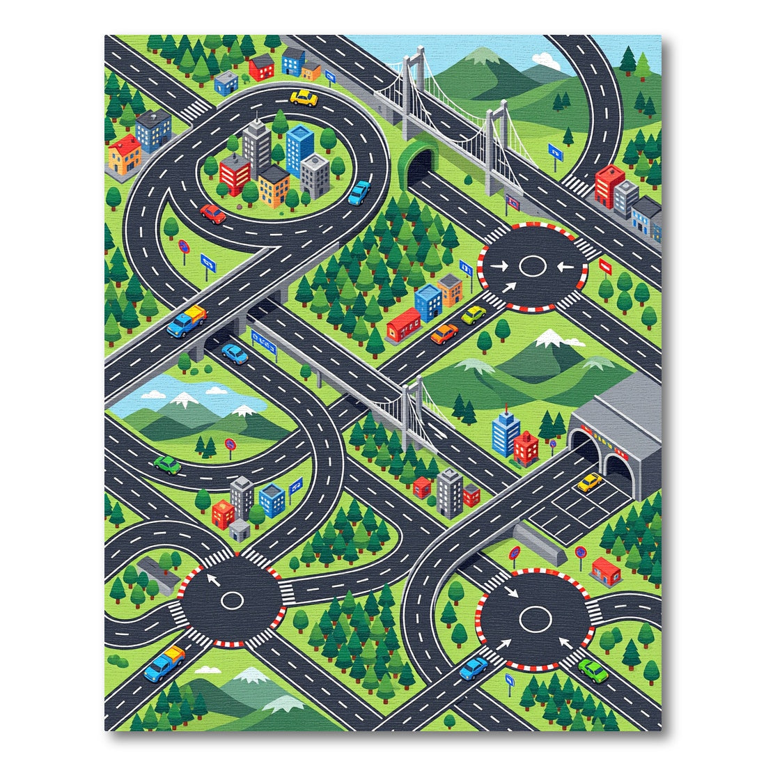 Vibrant Isometric Cityscapes Road Adventure Map Rug