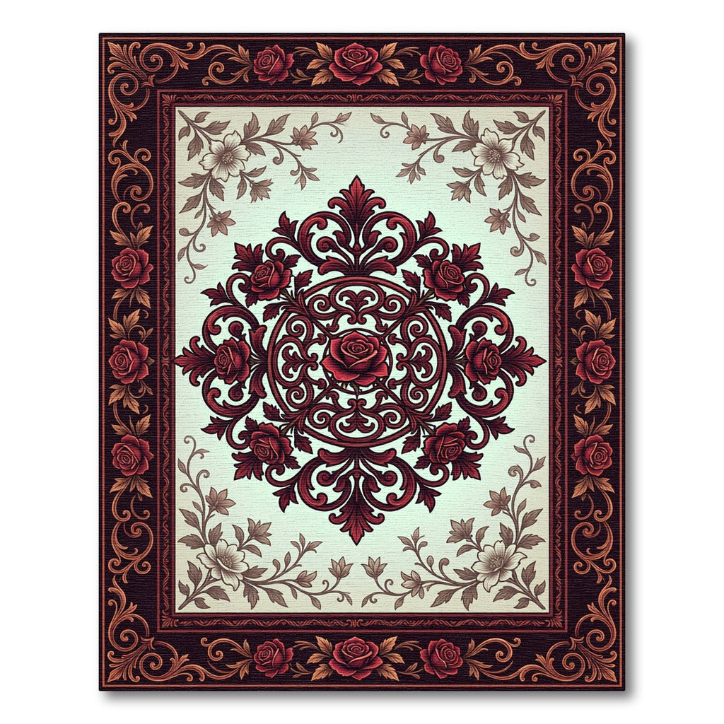 Deep Crimson Rose Ornate Medallion Rug