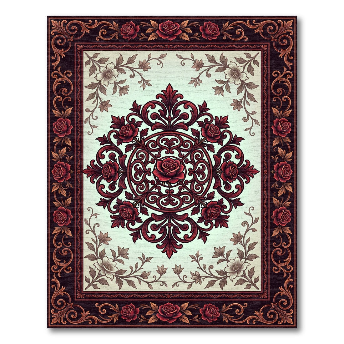 Deep Crimson Rose Ornate Medallion Rug