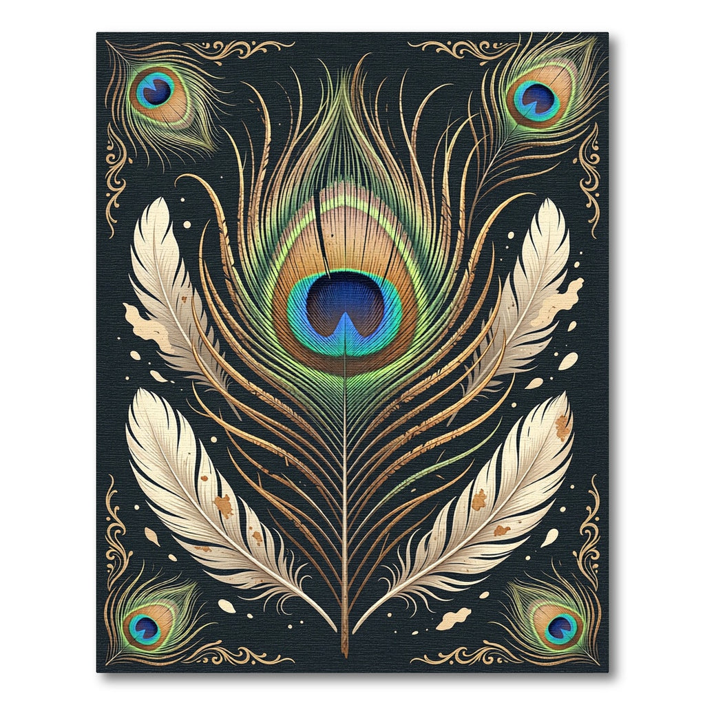 Golden Peacock Feather Elegant Dark Rug