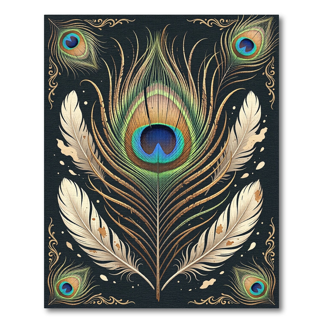 Golden Peacock Feather Elegant Dark Rug