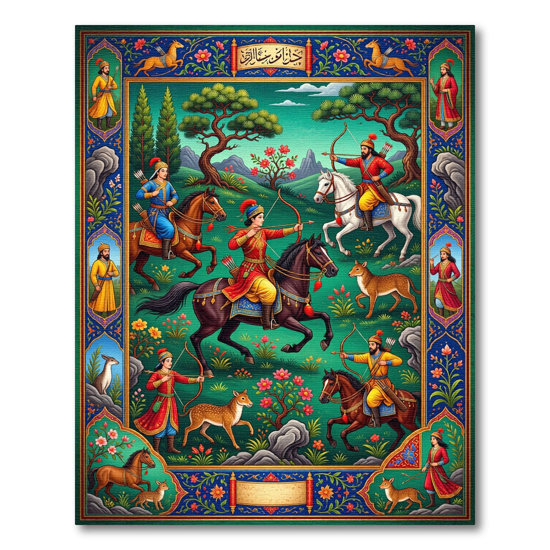 Riding Archers Hunting Scene Emerald Rug