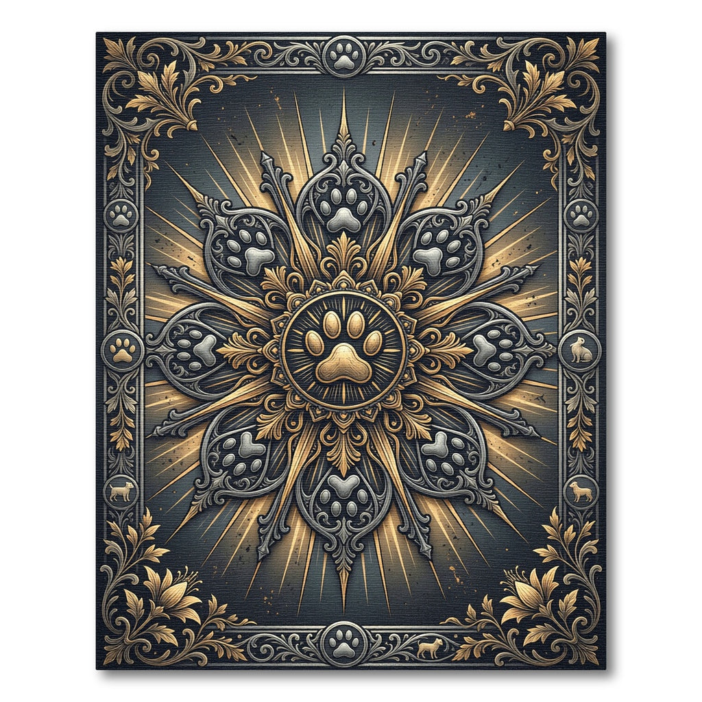 Ornate Golden Paw Medallion Charcoal Art Rug