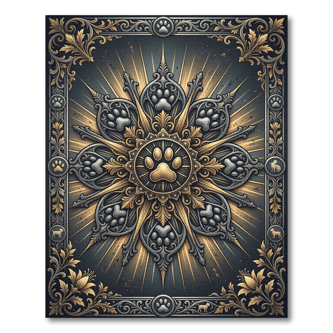 Ornate Golden Paw Medallion Charcoal Art Rug