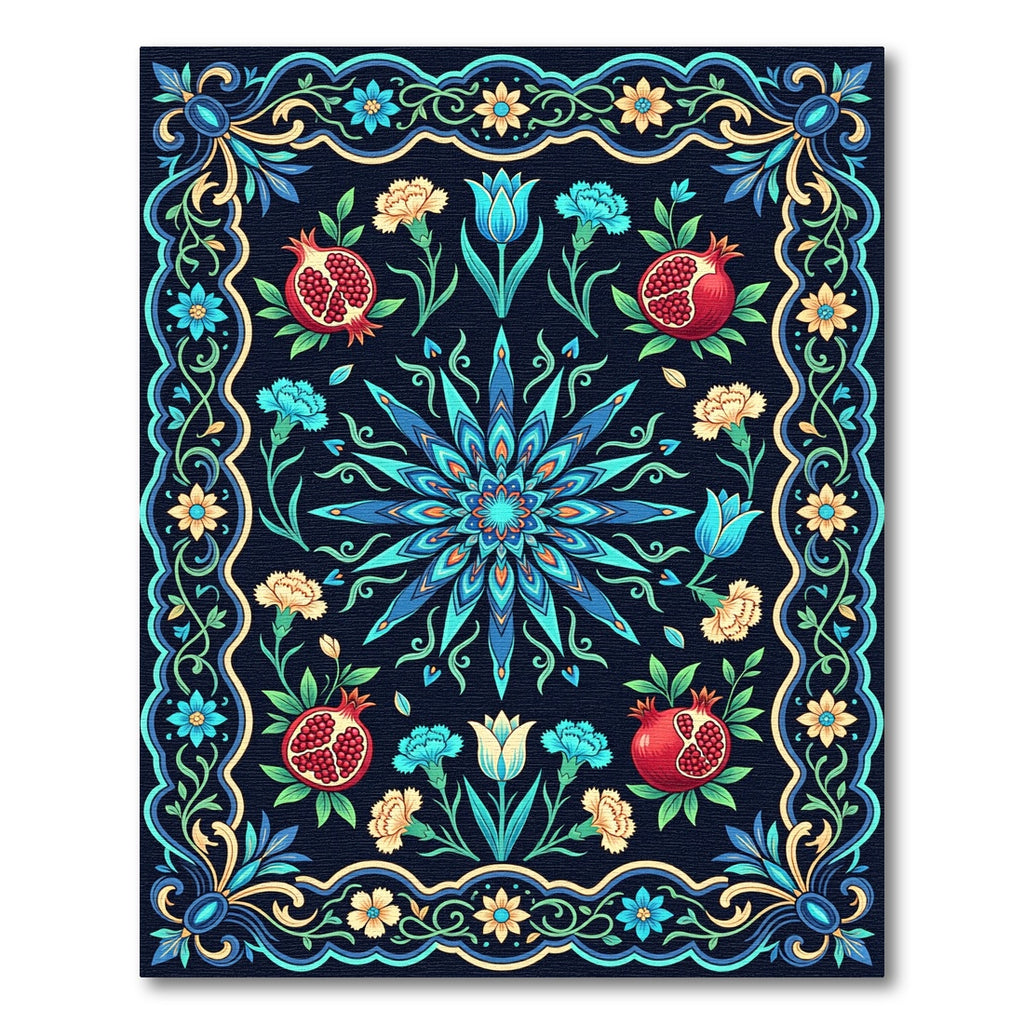 Deep Blue Floral Pomegranate Medallion Rug