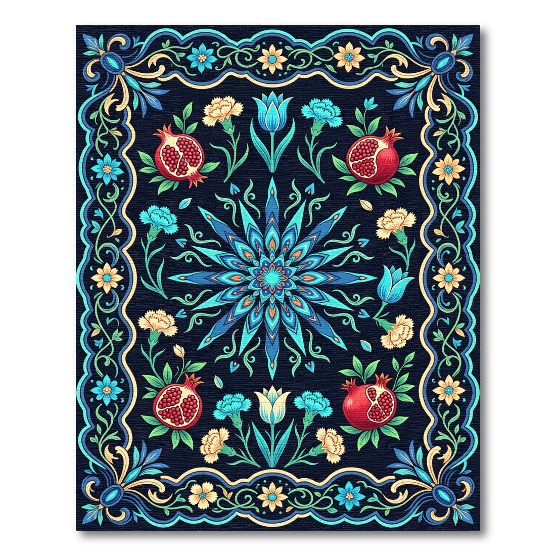 Deep Blue Floral Pomegranate Medallion Rug
