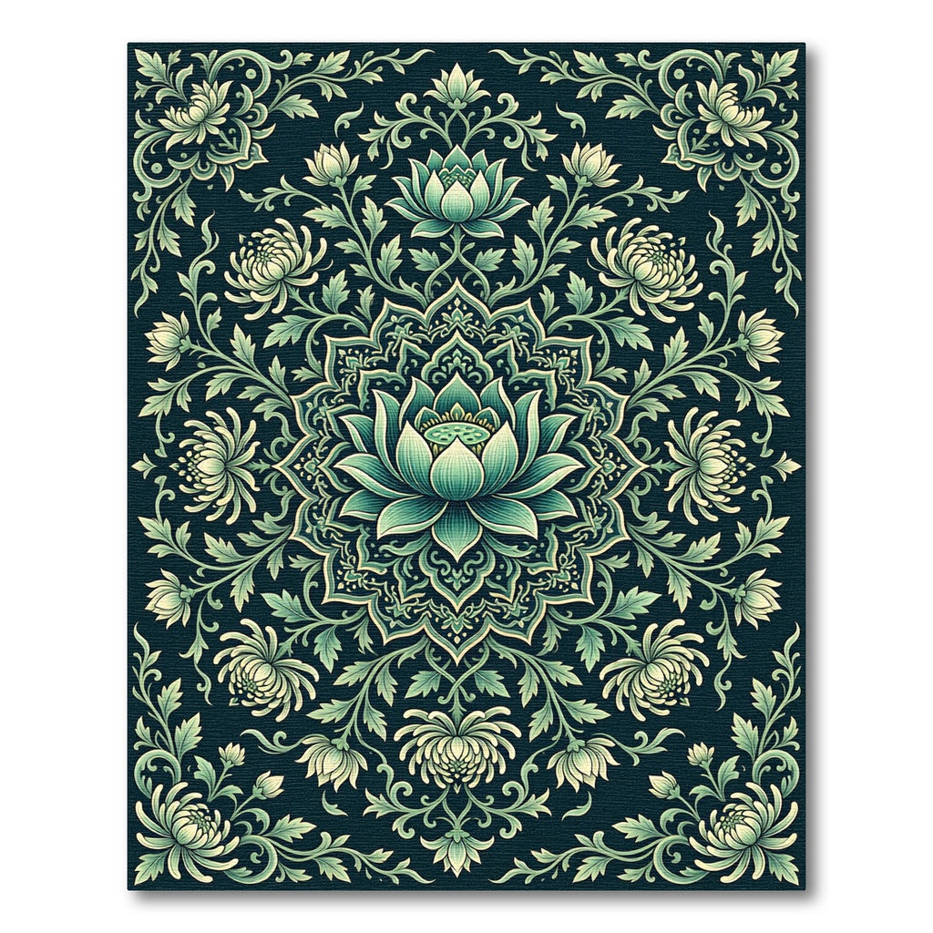 Teal Lotus Floral Medallion Art Rug