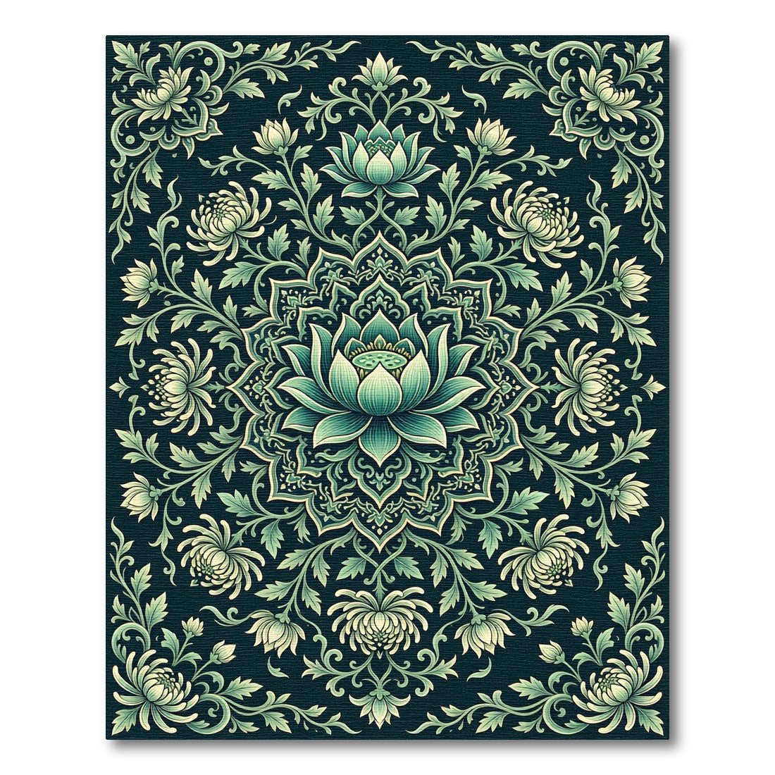 Teal Lotus Floral Medallion Art Rug