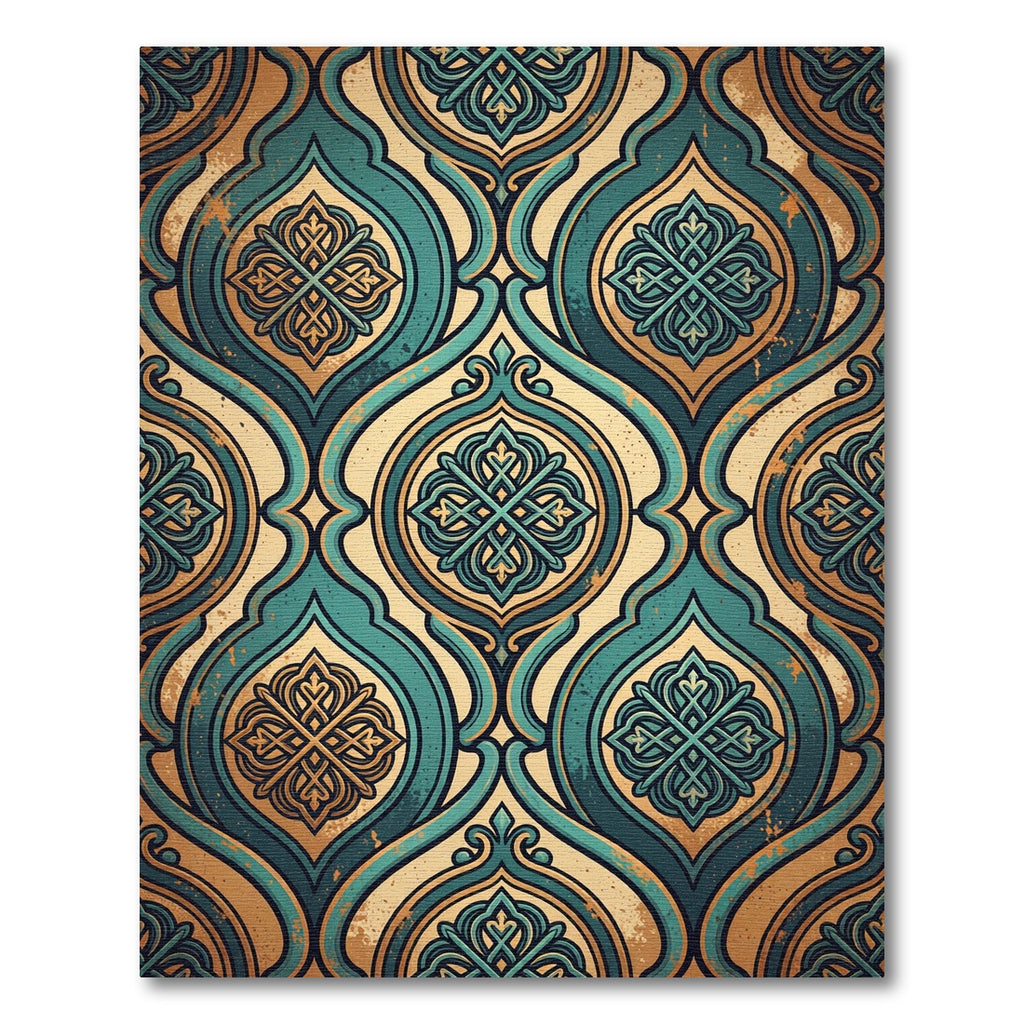 Ornate Teal Gold Arabesque Medallion Rug