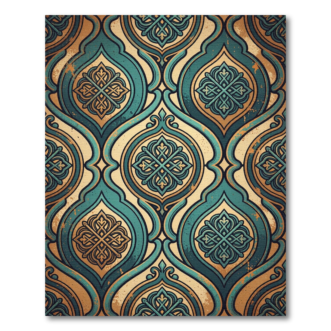 Ornate Teal Gold Arabesque Medallion Rug