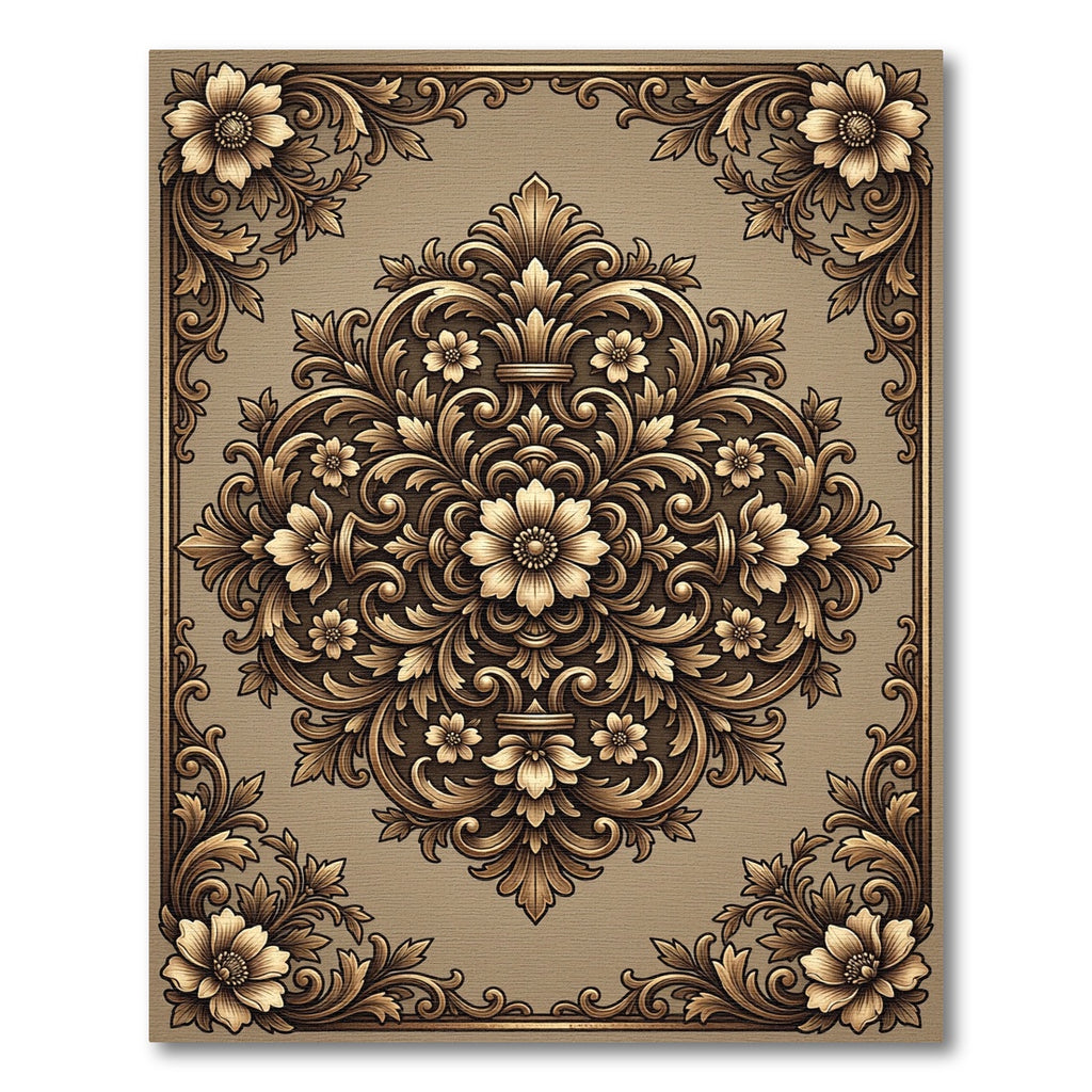 Ornate Gold Floral Scroll Pattern Rug