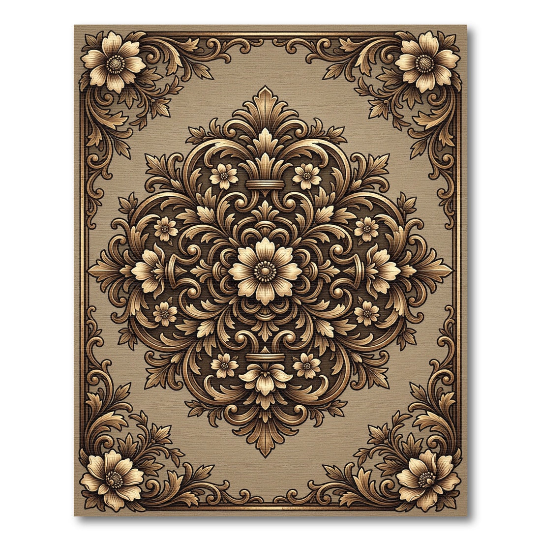 Ornate Gold Floral Scroll Pattern Rug