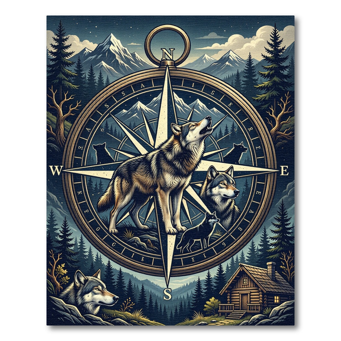 Howling Wolf Compass Mountain Art Rug