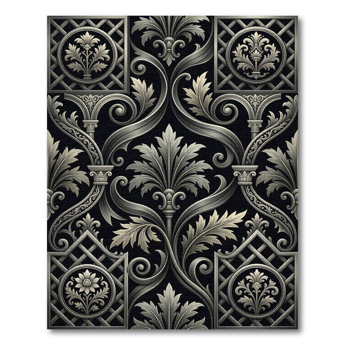 Monochromatic Baroque Damask Scroll Filigree Rug