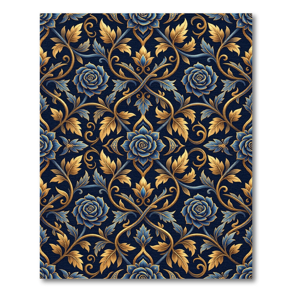 Elegant Navy Gold Ornate Floral Damask Rug