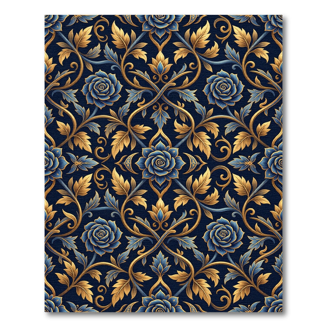 Elegant Navy Gold Ornate Floral Damask Rug