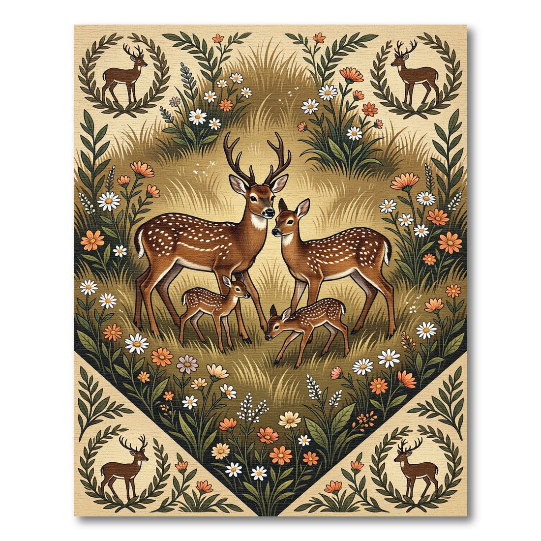 Whimsical Golden Fawn and Wildflower Meadow Rug